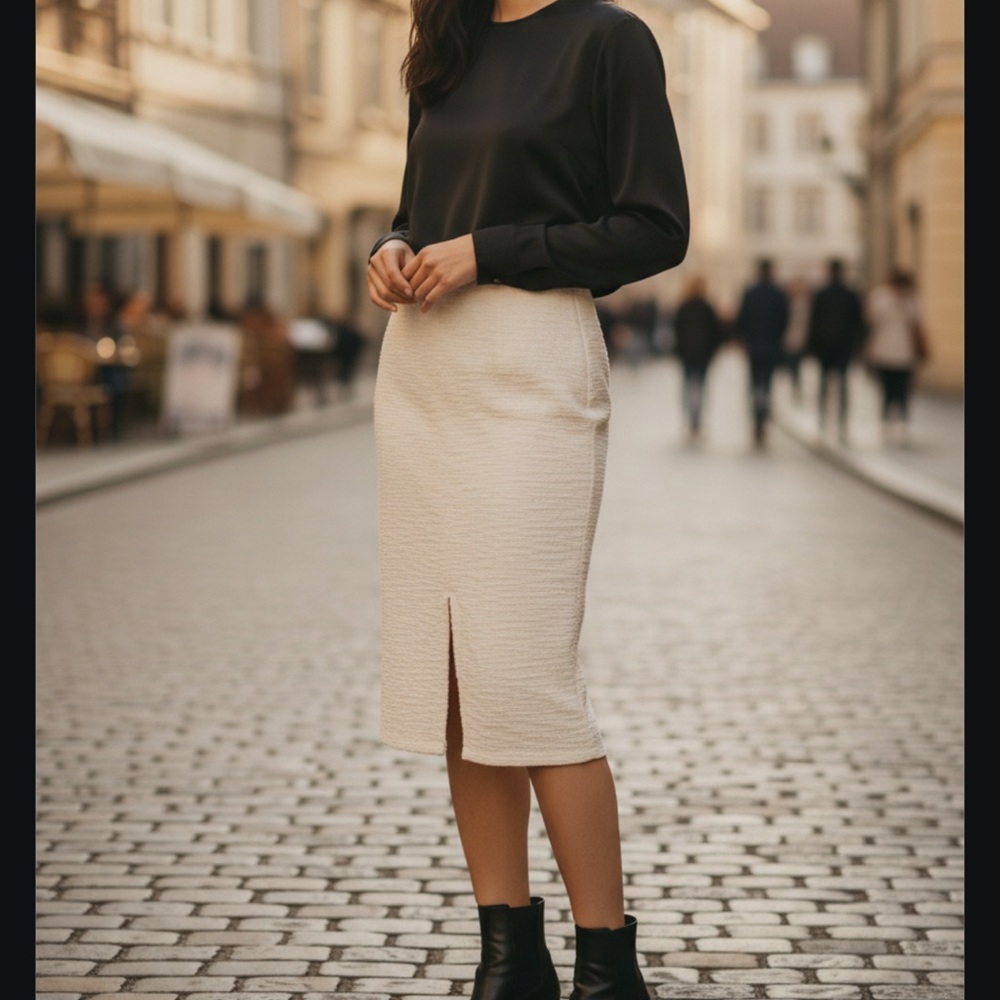 Anthropologie Dolan Cream Textured Split Front Midi Skirt Size M
